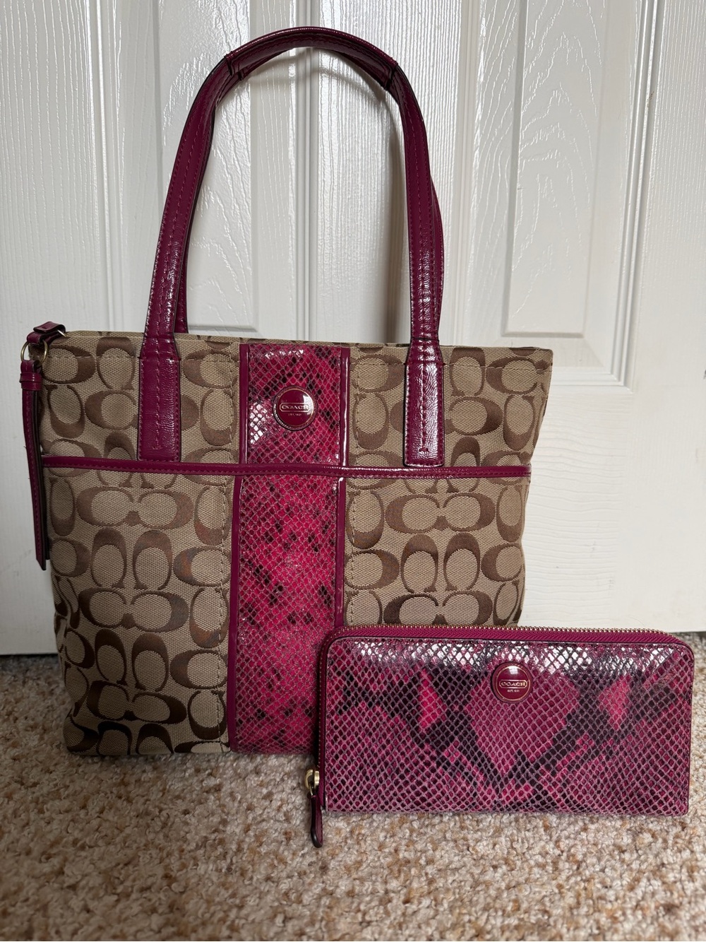 Coach Signature Tote with Pink Snake-Print Trim and Wallet